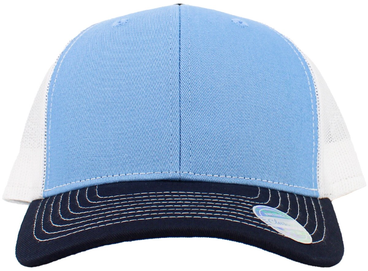 Sky Blue Navy Blue White Classic 6 Panel Trucker Mesh Snapback Front View